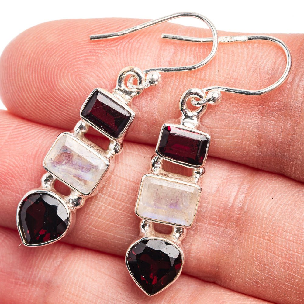 Rainbow Moonstone, Garnet Earrings 1 1/2" (925 Sterling Silver) E432451