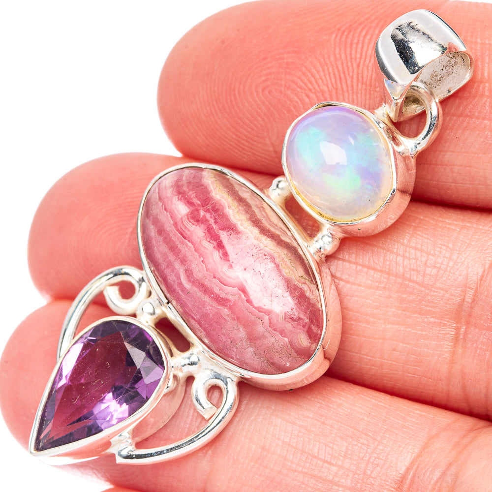 Rhodochrosite, Rainbow Moonstone, Amethyst Pendant 1 7/8" (925 Sterling Silver) P44354