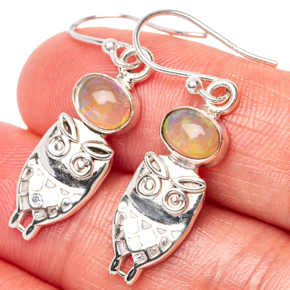 Rare Ethiopian Opal Owl Earrings 1 3/8" (925 Sterling Silver) E1493