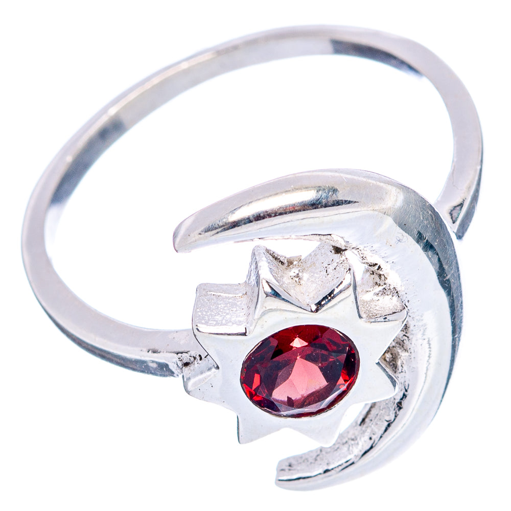 Garnet Sun Moon Dainty Ring Size 7.75 (.925 Sterling Silver)