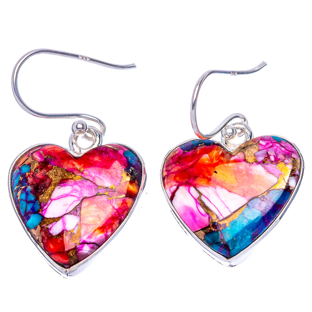 Kingman Pink Dahlia Turquoise Heart Earrings 1 1/8" (925 Sterling Silver) E1114