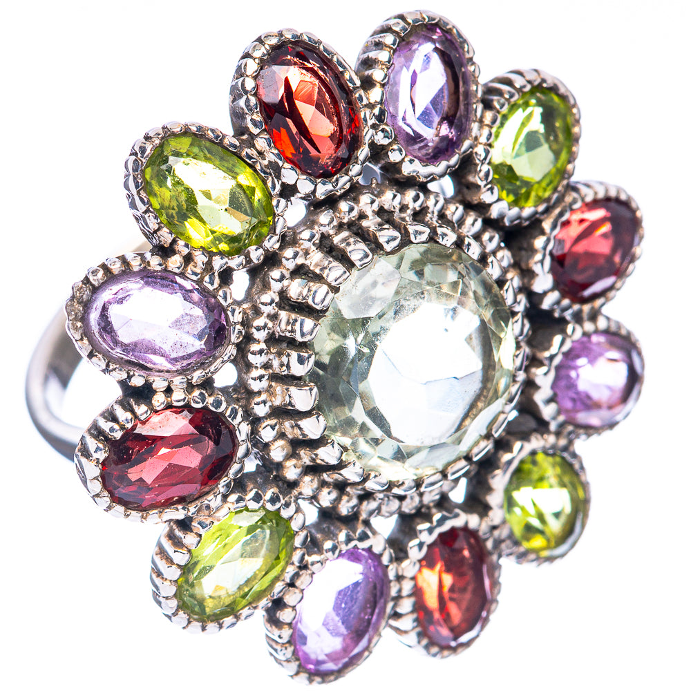 Faceted Green Amethyst, Garnet, Peridot, Amethyst Large Flower Ring Size 7.5 (925 Sterling Silver) R3135