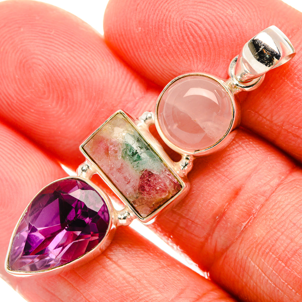 Natural Tourmaline, Rose Quartz, Amethyst Pendant 1 7/8" (925 Sterling Silver) PD38061