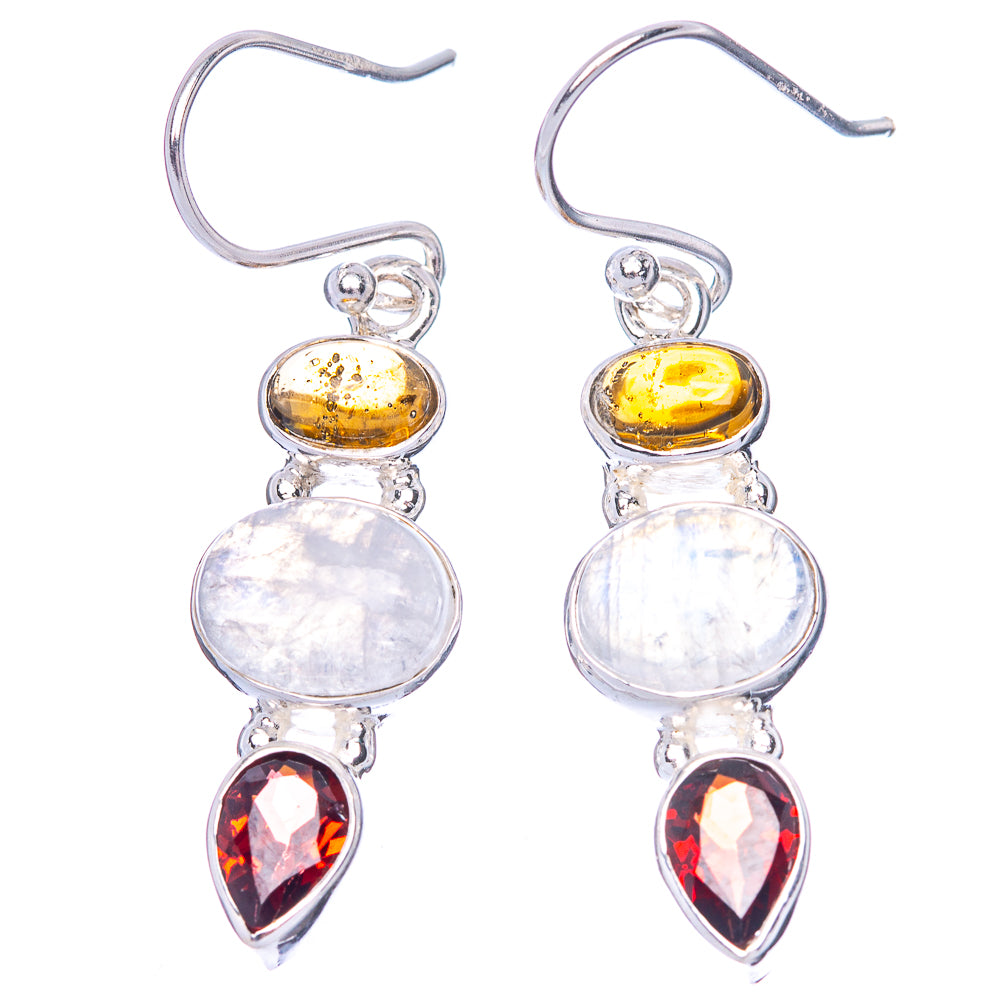 Rainbow Moonstone, Garnet, Citrine Earrings 1 1/2" (925 Sterling Silver) E1455