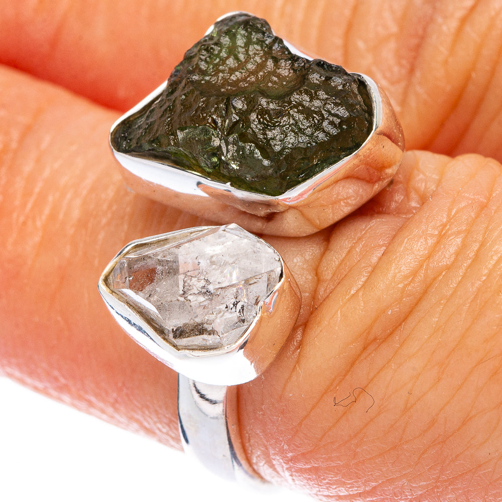 Rare Czech Moldavite, Herkimer Diamond Ring Size 6 (925 Sterling Silver) R146555