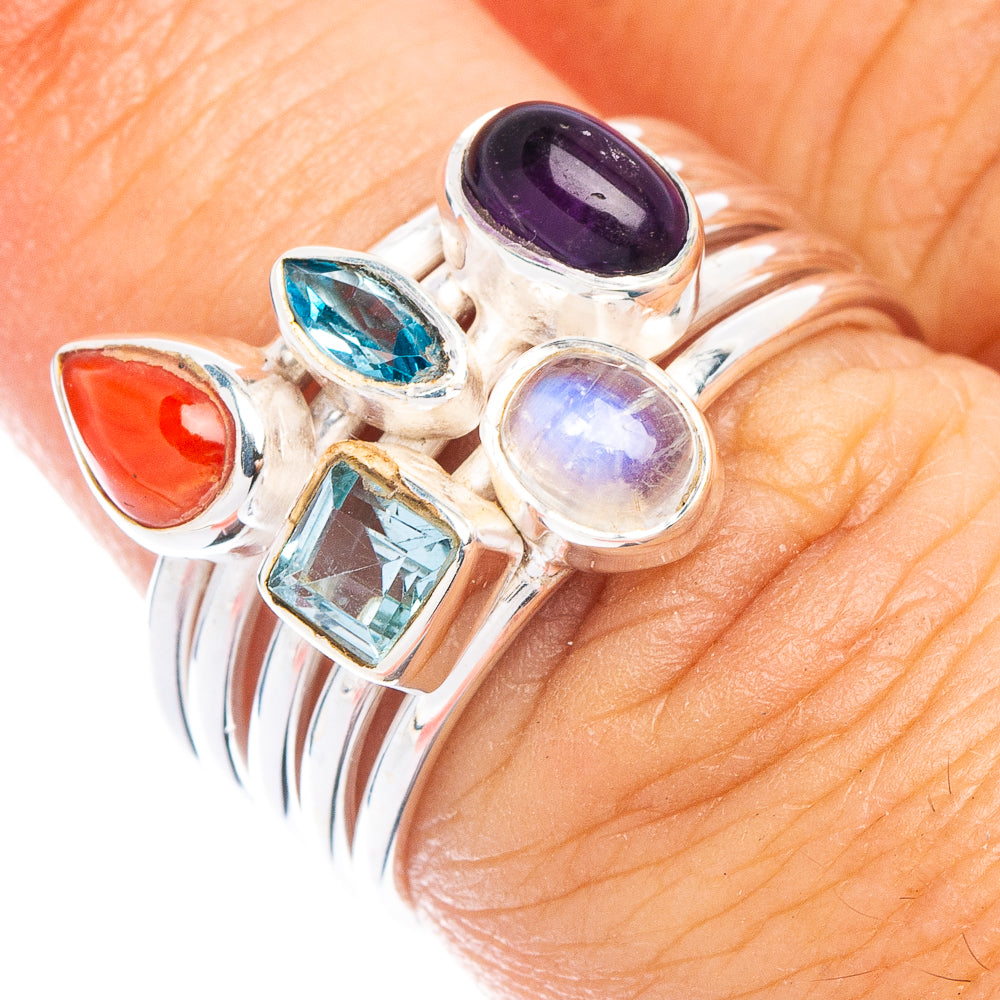 Rainbow Moonstone, Amethyst, Blue Topaz, Red Coral Ring Size 6.5 (925 Sterling Silver) R7460