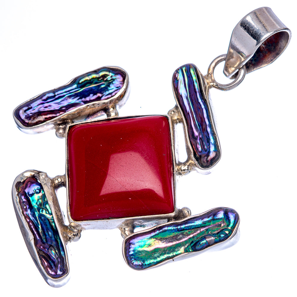 Red Onyx, Titanium Mother Of Pearl Pendant 2 1/4" (925 Sterling Silver) P40059