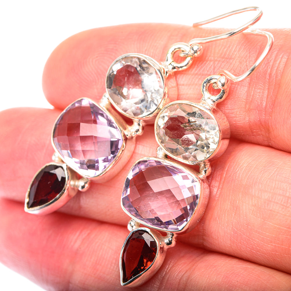 Amethyst, White Quartz, Garnet Earrings 1 3/4" (925 Sterling Silver) EARR432195