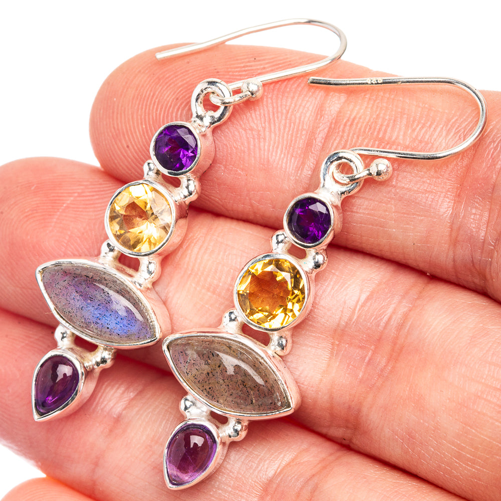 Labradorite, Citrine, Amethyst Earrings 1 7/8" (925 Sterling Silver) E432564