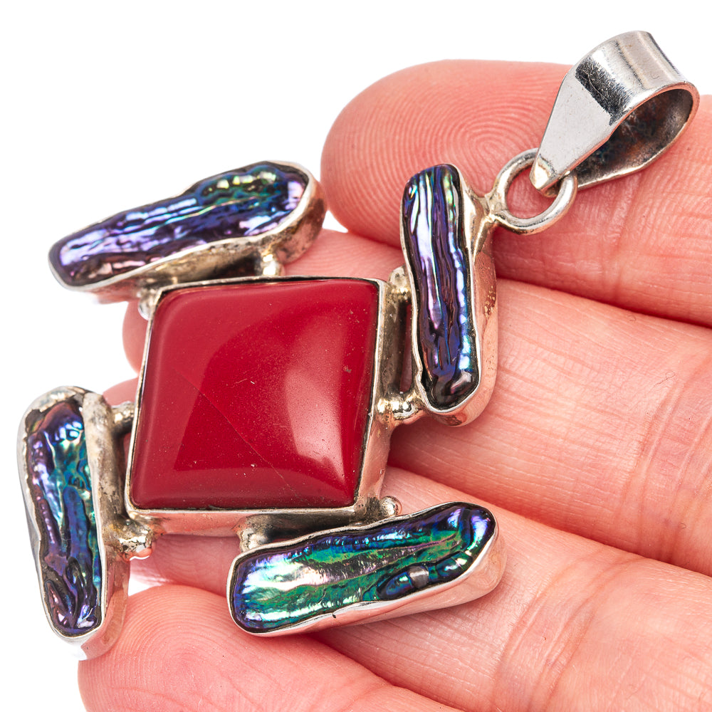 Red Onyx, Titanium Mother Of Pearl Pendant 2 1/4" (925 Sterling Silver) P40059