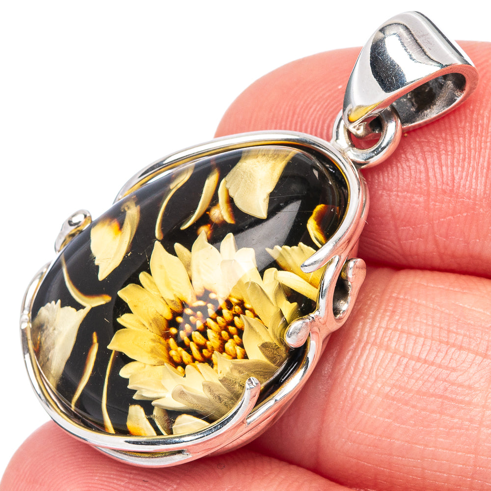Amber Intaglio Sunflower Pendant 1 3/8" (925 Sterling Silver) P42561