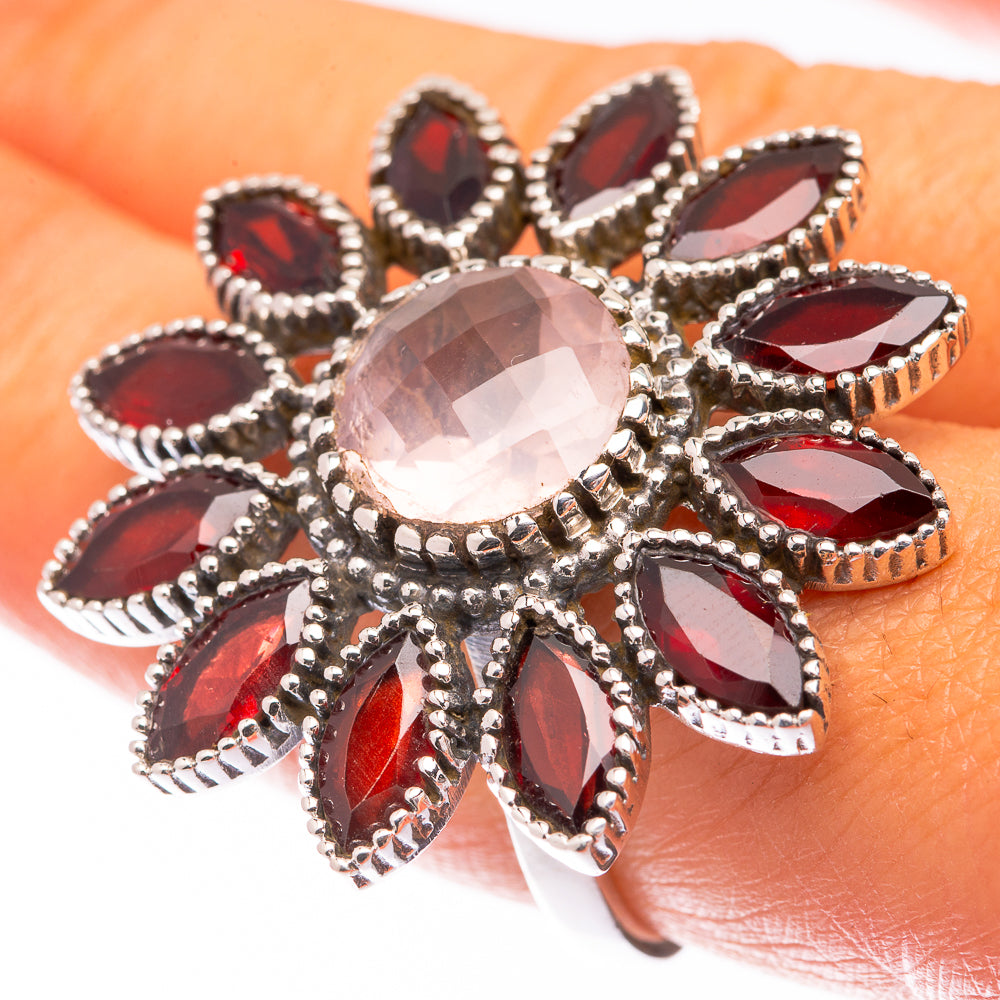 Large Rose Quartz, Garnet Ring Size 9 (925 Sterling Silver) R140826
