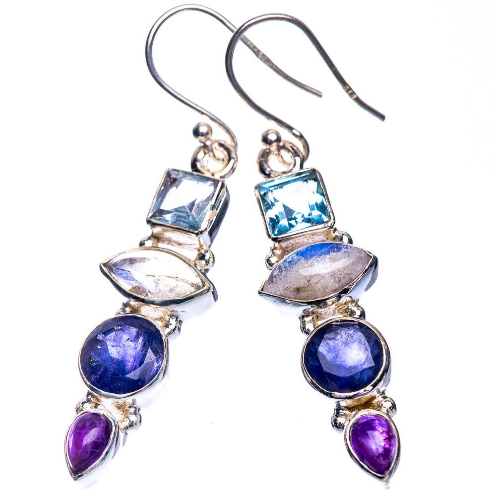 Rainbow Moonstone, Tanzanite, Blue Topaz, Amethyst Earrings 1 7/8" (925 Sterling Silver) E432545