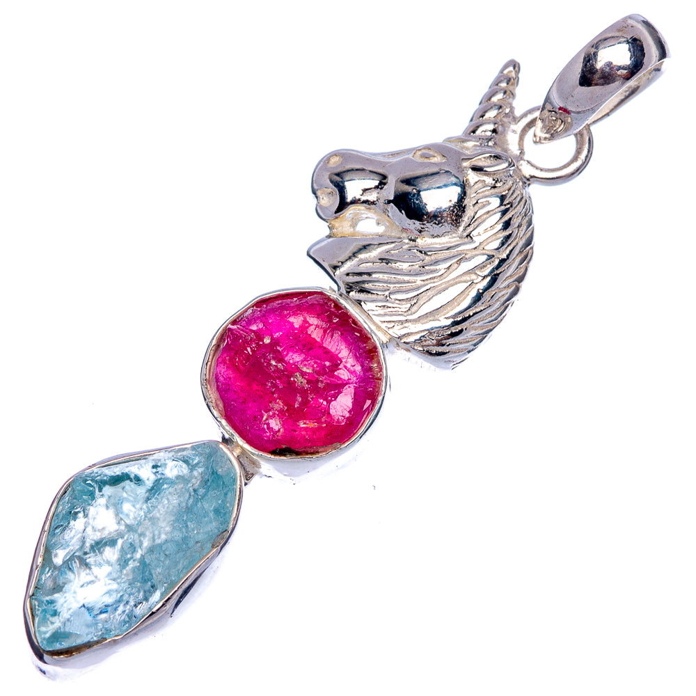 Raw Aquamarine, Ruby Unicorn Pendant 2" (925 Sterling Silver) P40224