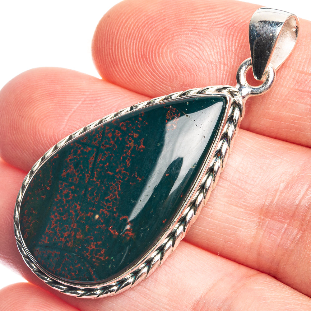 Bloodstone 925 Sterling Silver Pendant 1 3/4"