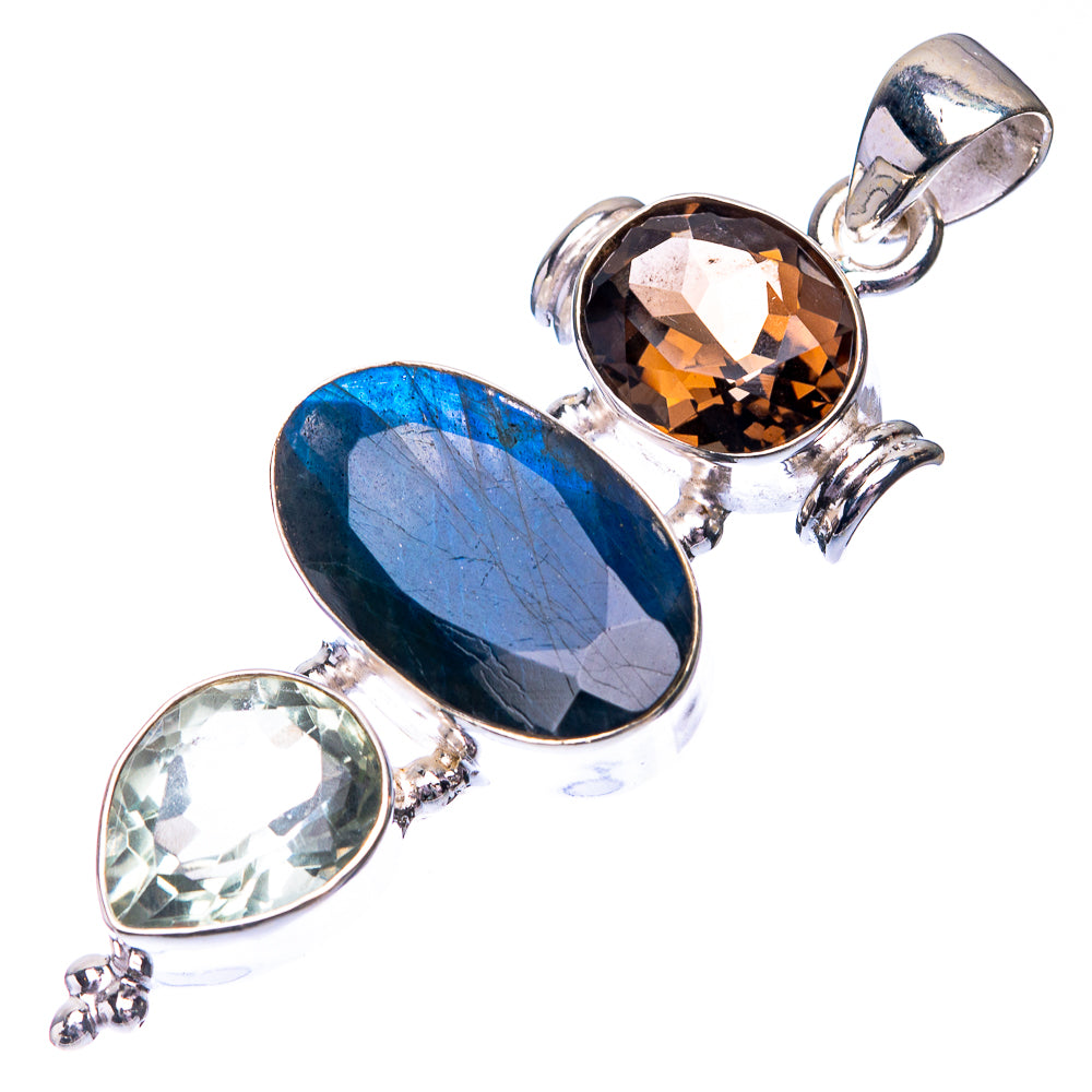 Labradorite, White Quartz, Smoky Quartz Pendant 2" (925 Sterling Silver) P38685