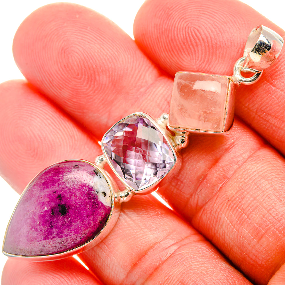 Ruby Fuchsite, Amethyst, Rose Quartz Pendant 2 1/2" (925 Sterling Silver) PD38001