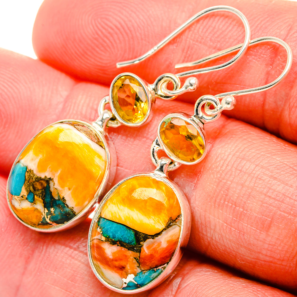 Spiny Oyster Turquoise, Citrine Earrings 1 3/4" (925 Sterling Silver) EARR432052