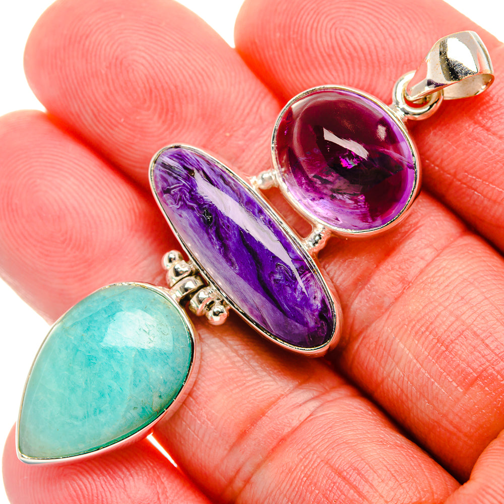 Charoite, Amazonite, Amethyst Pendant 2 1/2" (925 Sterling Silver) PD38031