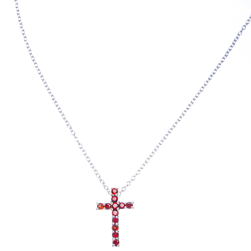 Garnet Cross Necklace 18" (925 Sterling Silver) N90069