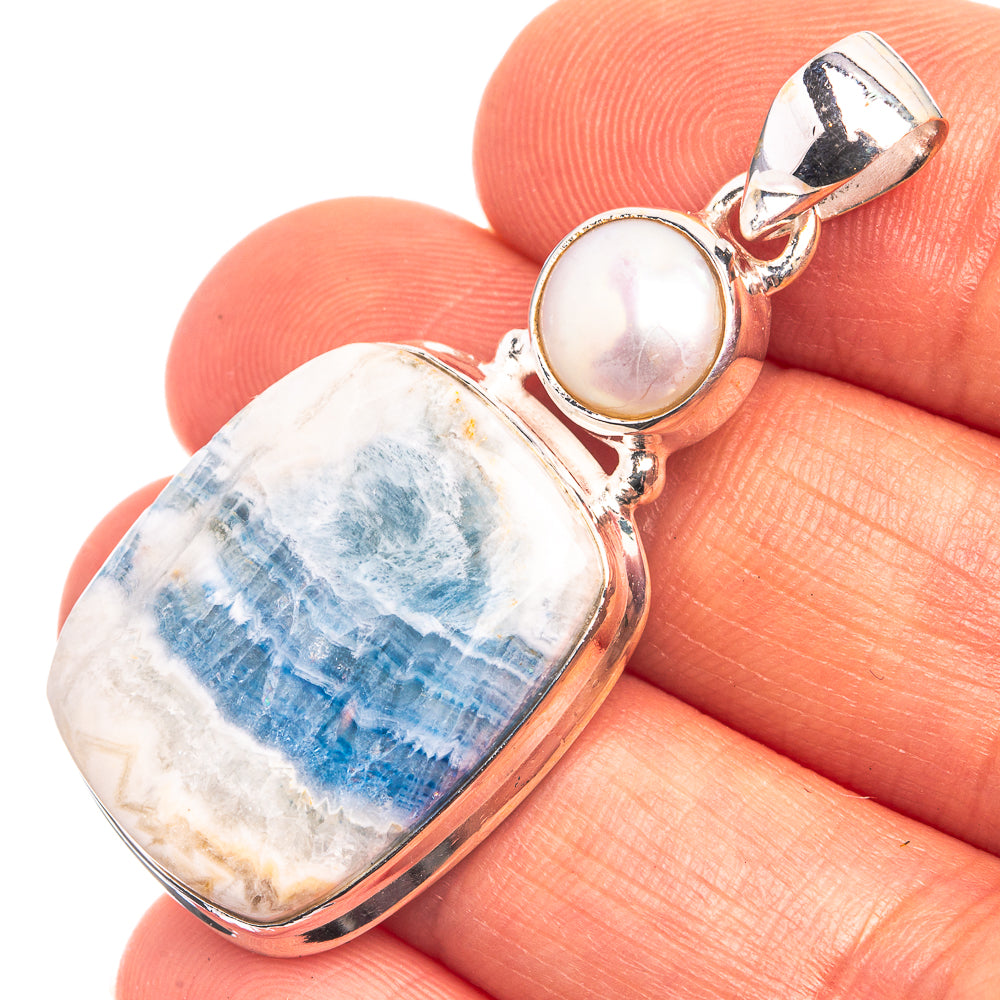 Blue Scheelite, Cultured Pearl Pendant 1 5/8" (925 Sterling Silver) P38950