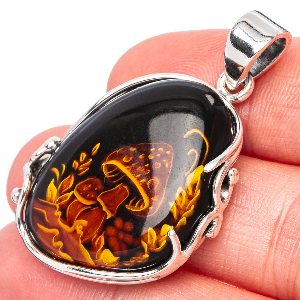 Amber Intaglio Mushroom Pendant 1 5/8" (925 Sterling Silver) P42553