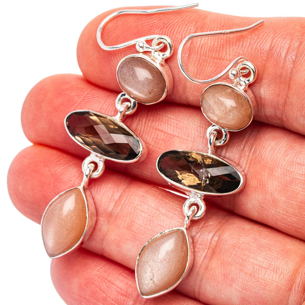 Premium Smoky Quartz, Peach Moonstone Earrings 2 1/8" (.925 Sterling Silver)