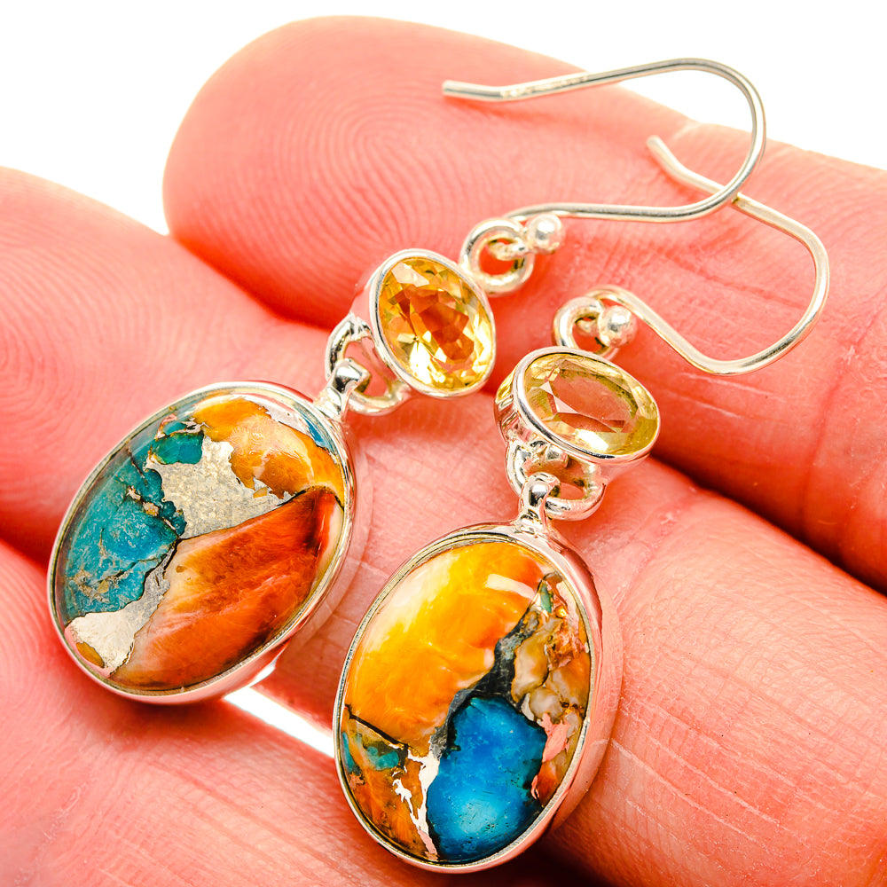 Spiny Oyster Turquoise, Citrine Earrings 1 3/4" (925 Sterling Silver) EARR432120