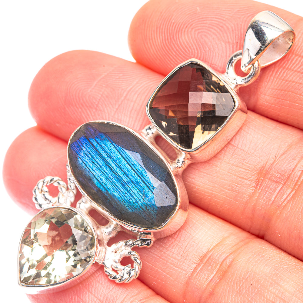 Labradorite, White Quartz, Smoky Quartz Pendant 2 1/8" (925 Sterling Silver) P38686