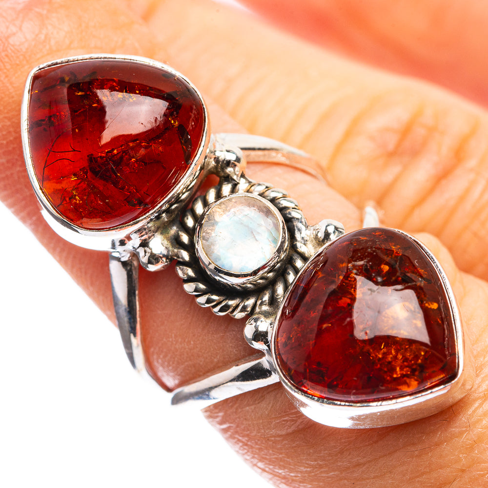 Large Baltic Amber, Rainbow Moonstone Ring Size 6 (925 Sterling Silver) R143014