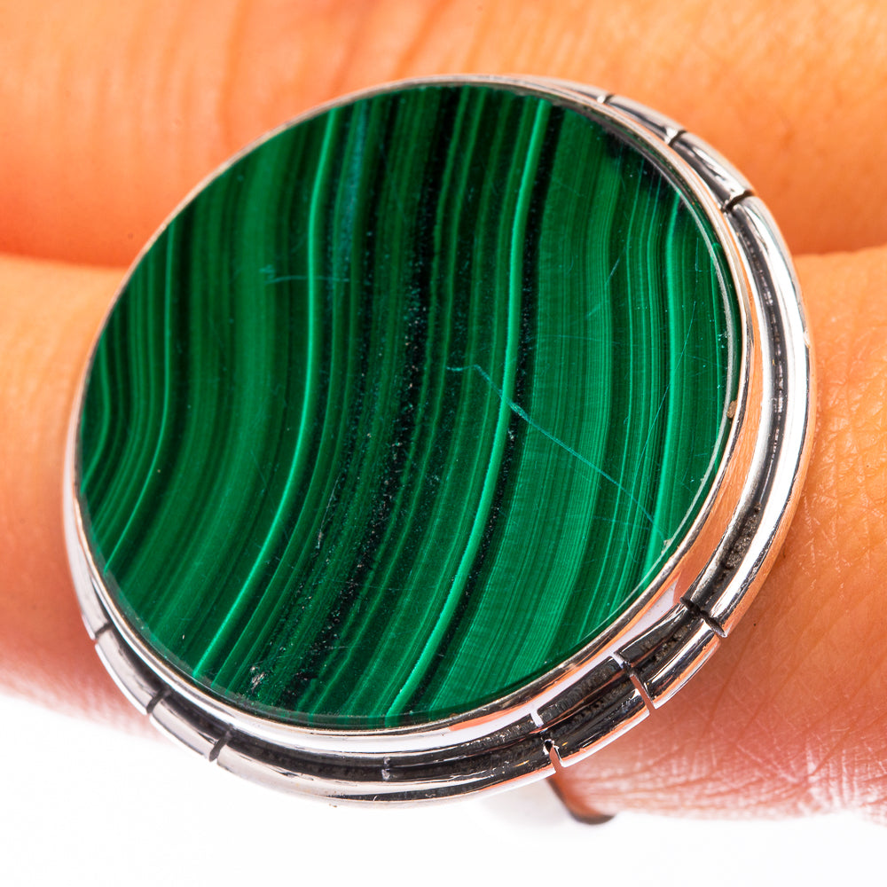 Large Malachite Coin Ring Size 8.5 (925 Sterling Silver) R141227