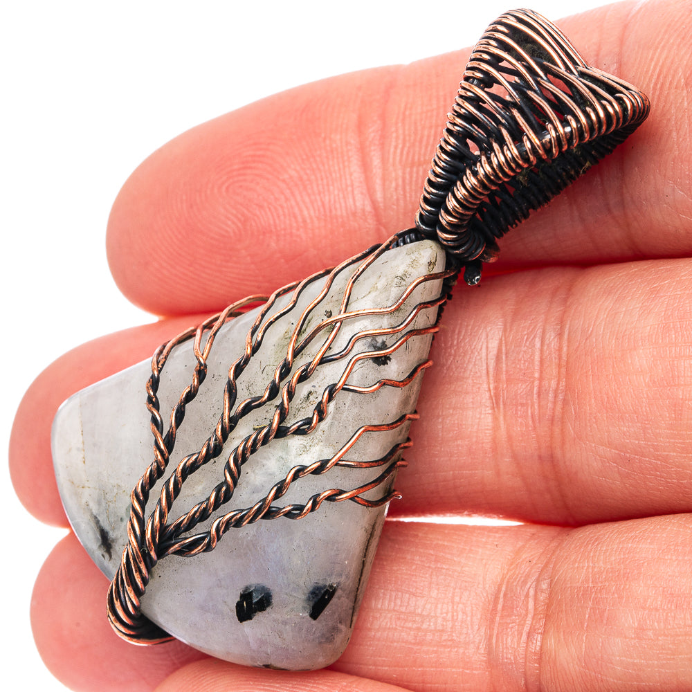 Rainbow Moonstone with Black Tourmaline Tree of Life Pendant 2" (Oxidized Copper)