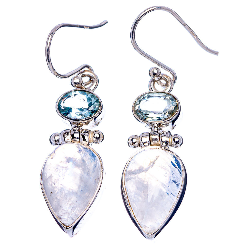 Rainbow Moonstone Heart, Blue Topaz Earrings 1 5/8" (.925 Sterling Silver)