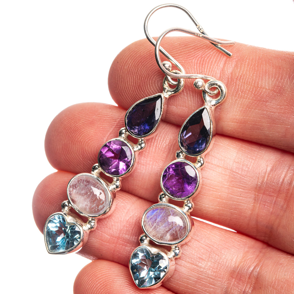 Rainbow Moonstone, Amethyst, Blue Topaz, Tanzanite 925 Sterling Silver Earrings 2"