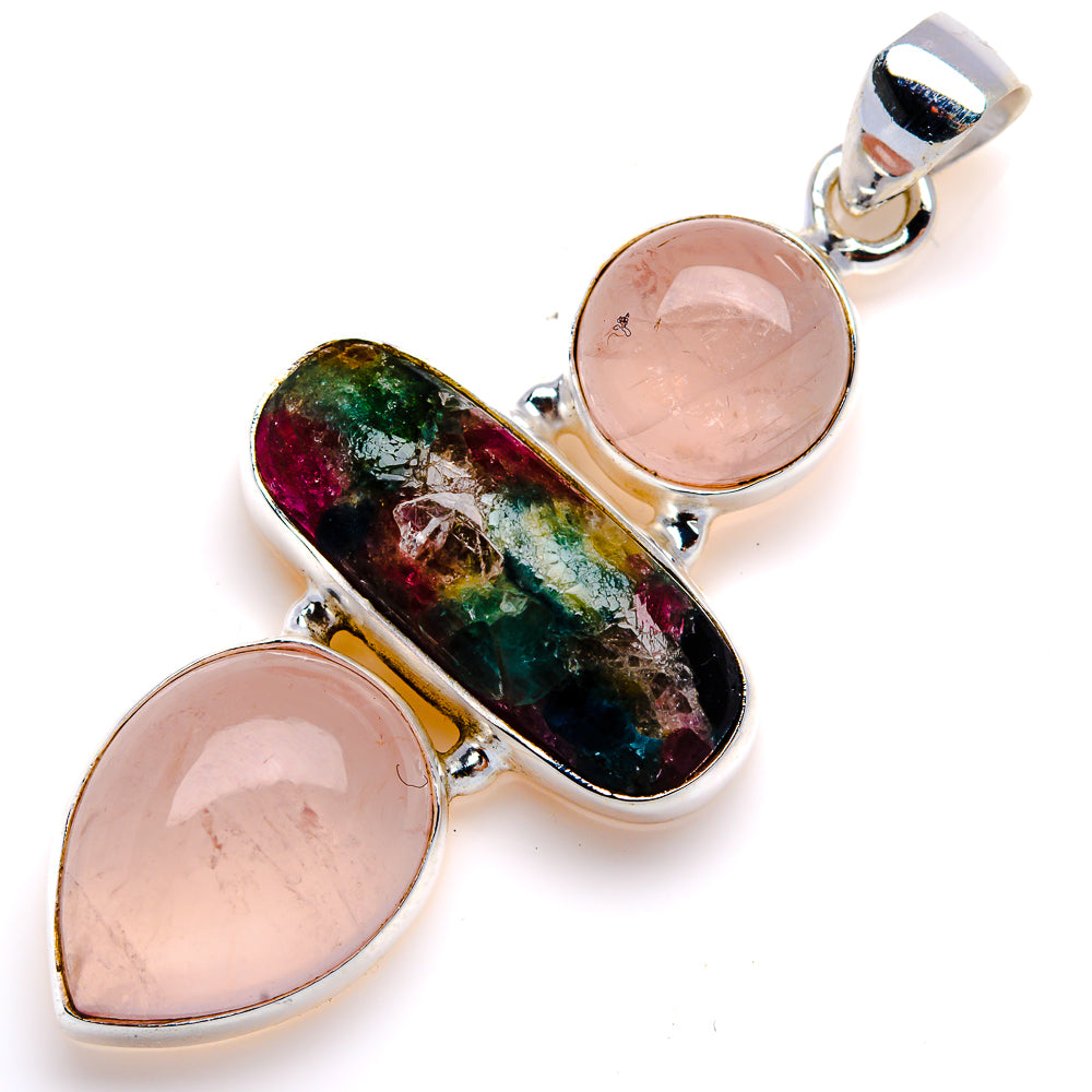 Natural Tourmaline, Rose Quartz Pendant 2" (925 Sterling Silver) PD38089