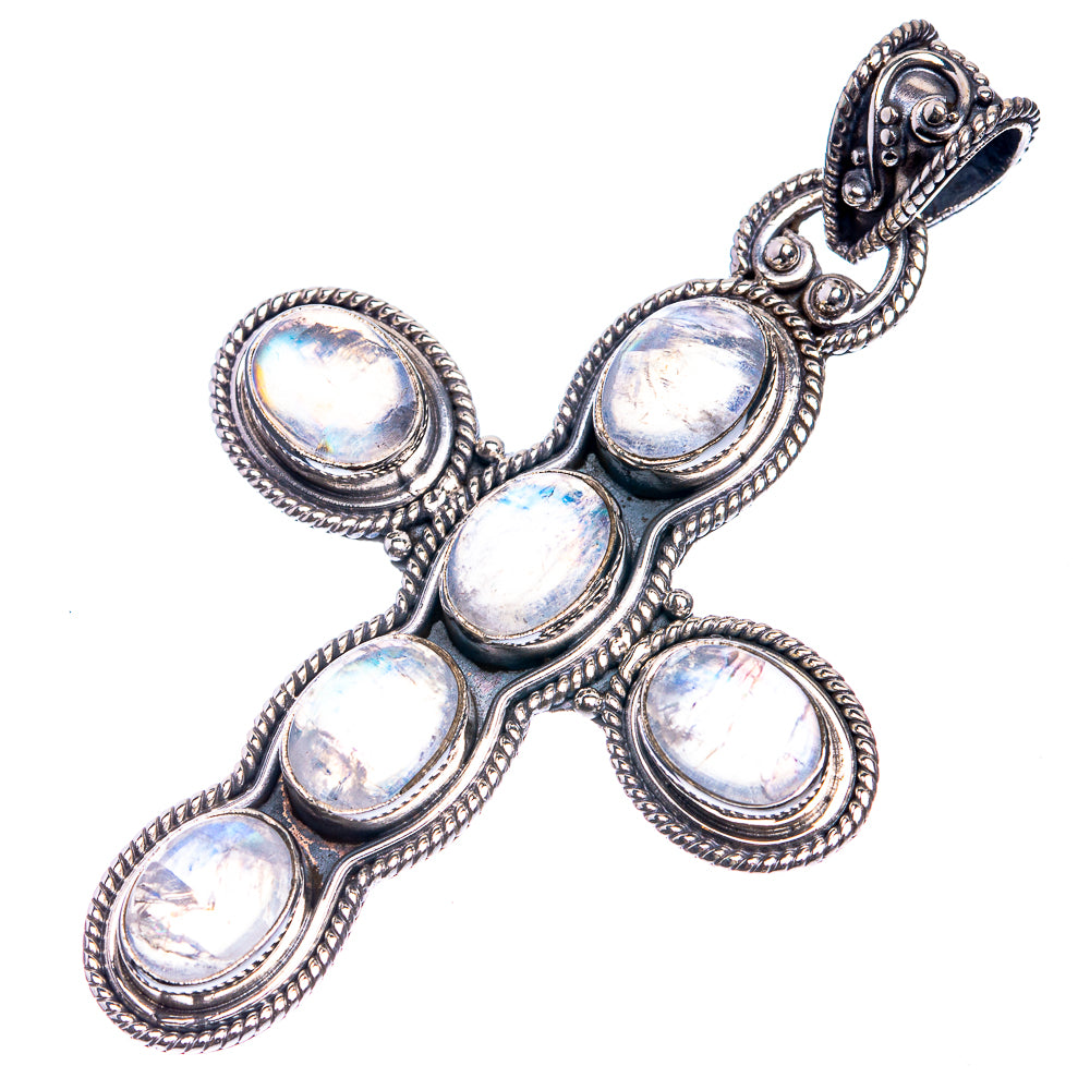 Rainbow Moonstone Cross 925 Sterling Silver Pendant 2 1/8"