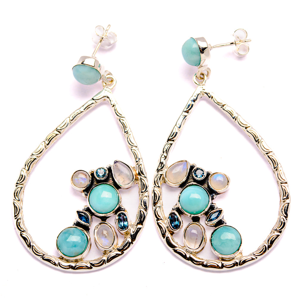 Signature Larimar, Rainbow Moonstone, Blue Topaz Earrings 2 1/4" (925 Sterling Silver) EARR431977