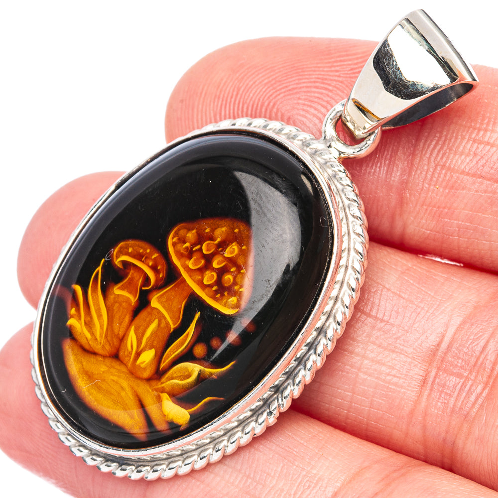 Amber Intaglio Mushroom Pendant 1 3/4" (925 Sterling Silver) P42565