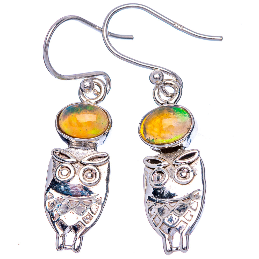 Rare Ethiopian Opal Owl Earrings 1 3/8" (925 Sterling Silver) E1493