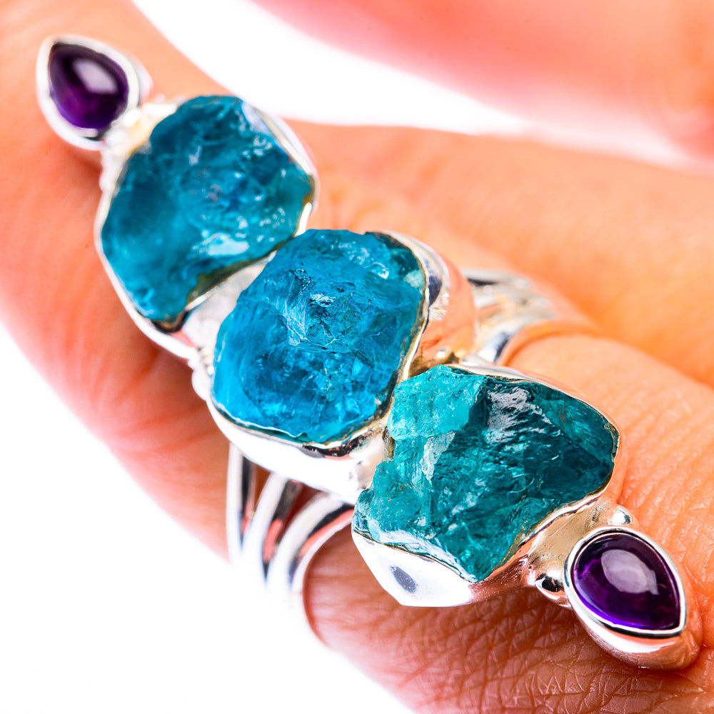 Large Raw Blue Fluorite, Amethyst Ring Size 8 (925 Sterling Silver) RING140199
