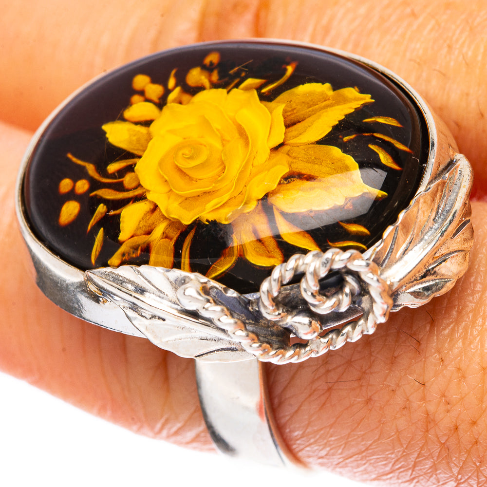 Amber Intaglio Rose Ring Size 8 Adjustable (925 Sterling Silver) R3816