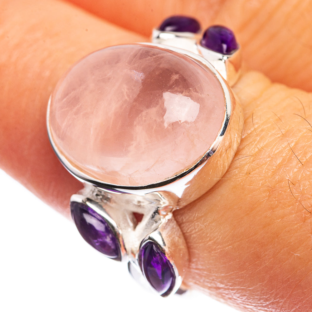 Rose Quartz, Amethyst 925 Sterling Silver Ring Size 8.25