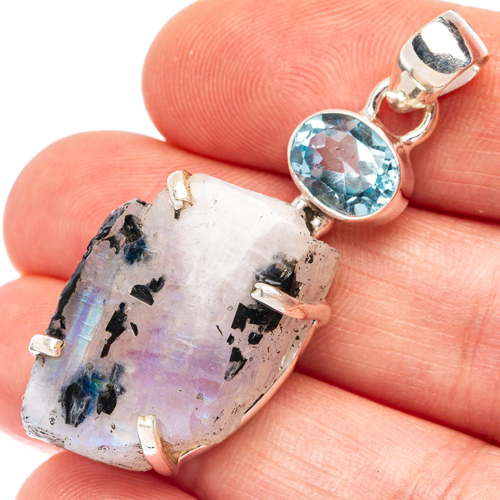 Rough Rainbow Moonstone, Blue Topaz 925 Sterling Silver Pendant 1 3/4" (925 Sterling Silver) P43678