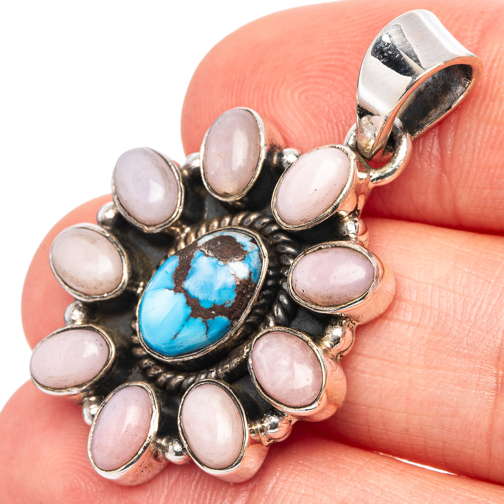 Rare Golden Hills Turquoise, Pink Opal Native Style Pendant 1 1/2" (.925 Sterling Silver)