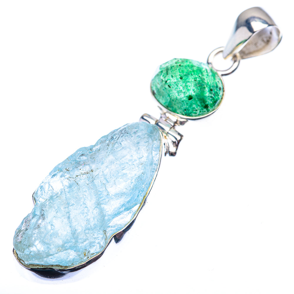 Raw Aquamarine, Green Aventurine Pendant 2 1/8" (925 Sterling Silver) PD38554
