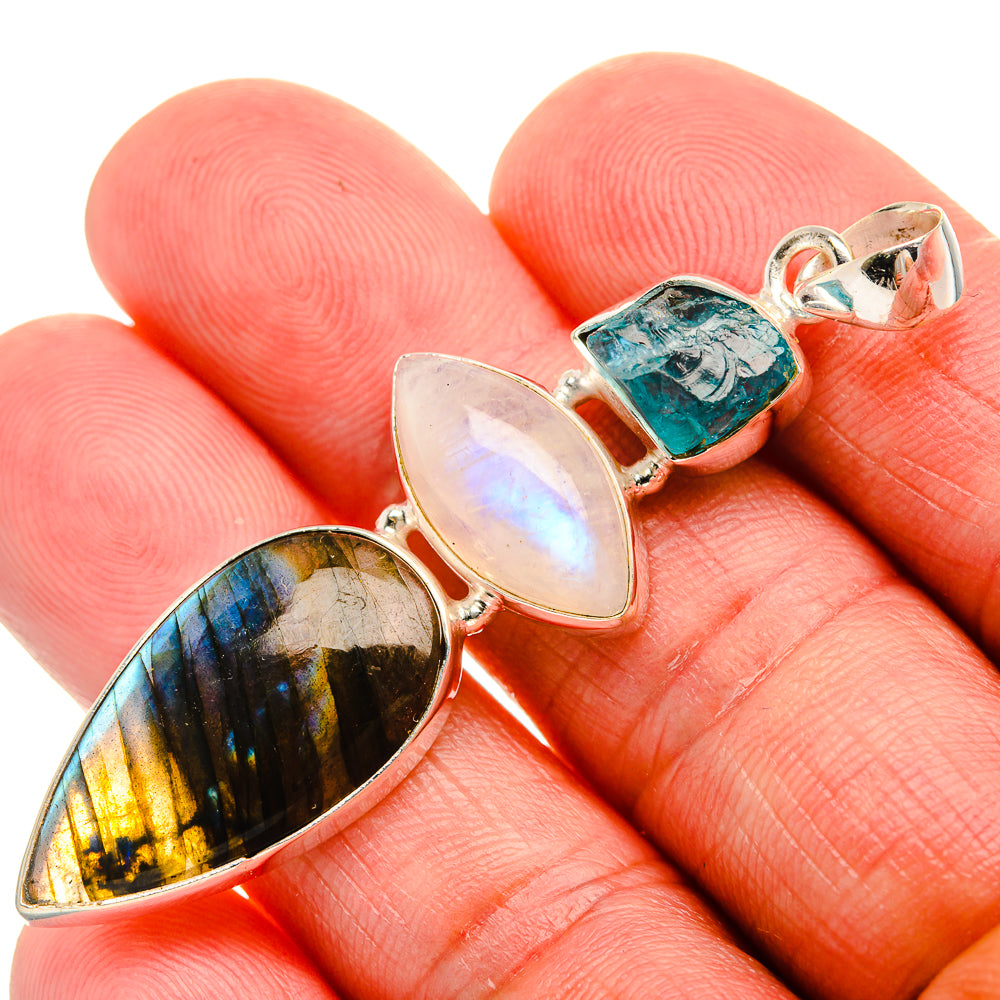 Labradorite, Rainbow Moonstone, Apatite 925 Sterling Silver Pendant 2 1/2" (925 Sterling Silver) PD38391