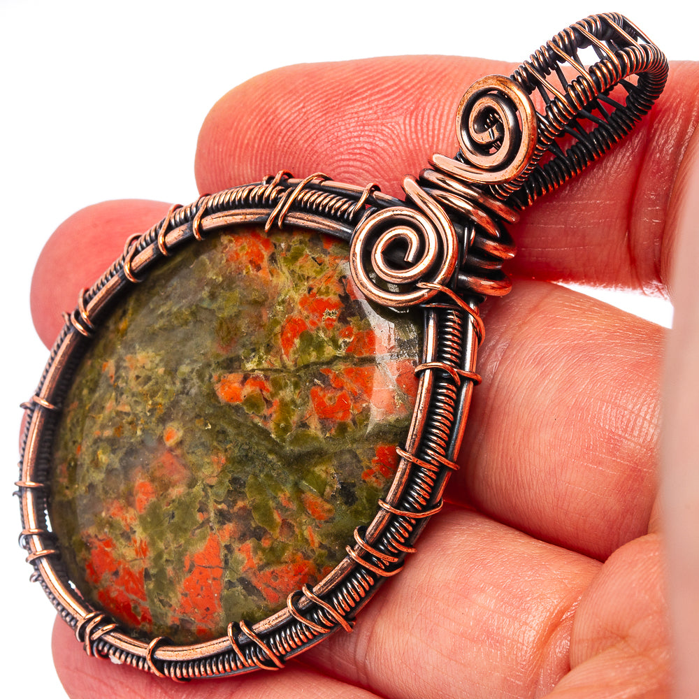 Unakite Wire Wrap Pendant 2 1/2" (Oxidized Copper)