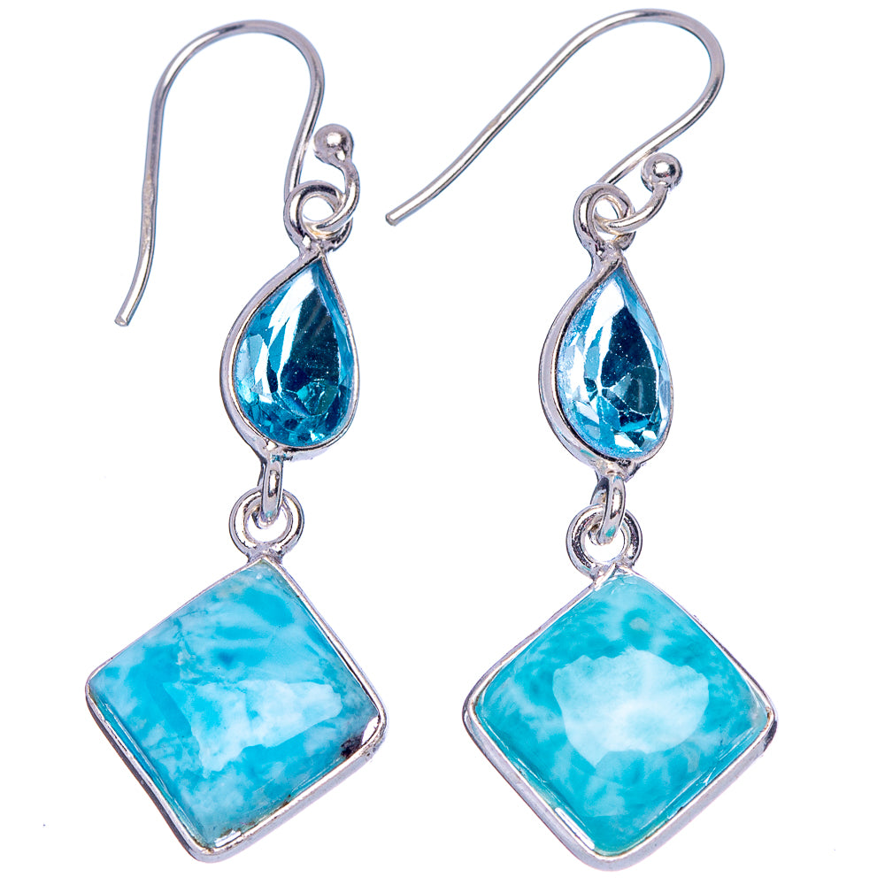 Rare Larimiar, Blue Topaz Earrings 1 3/4" (.925 Sterling Silver)