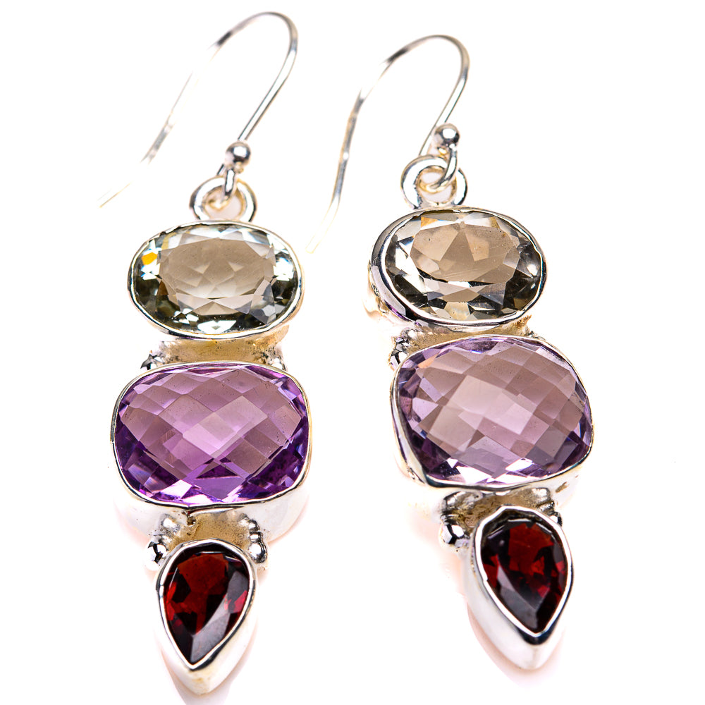 Amethyst, White Quartz, Garnet Earrings 1 7/8" (925 Sterling Silver) EARR432134