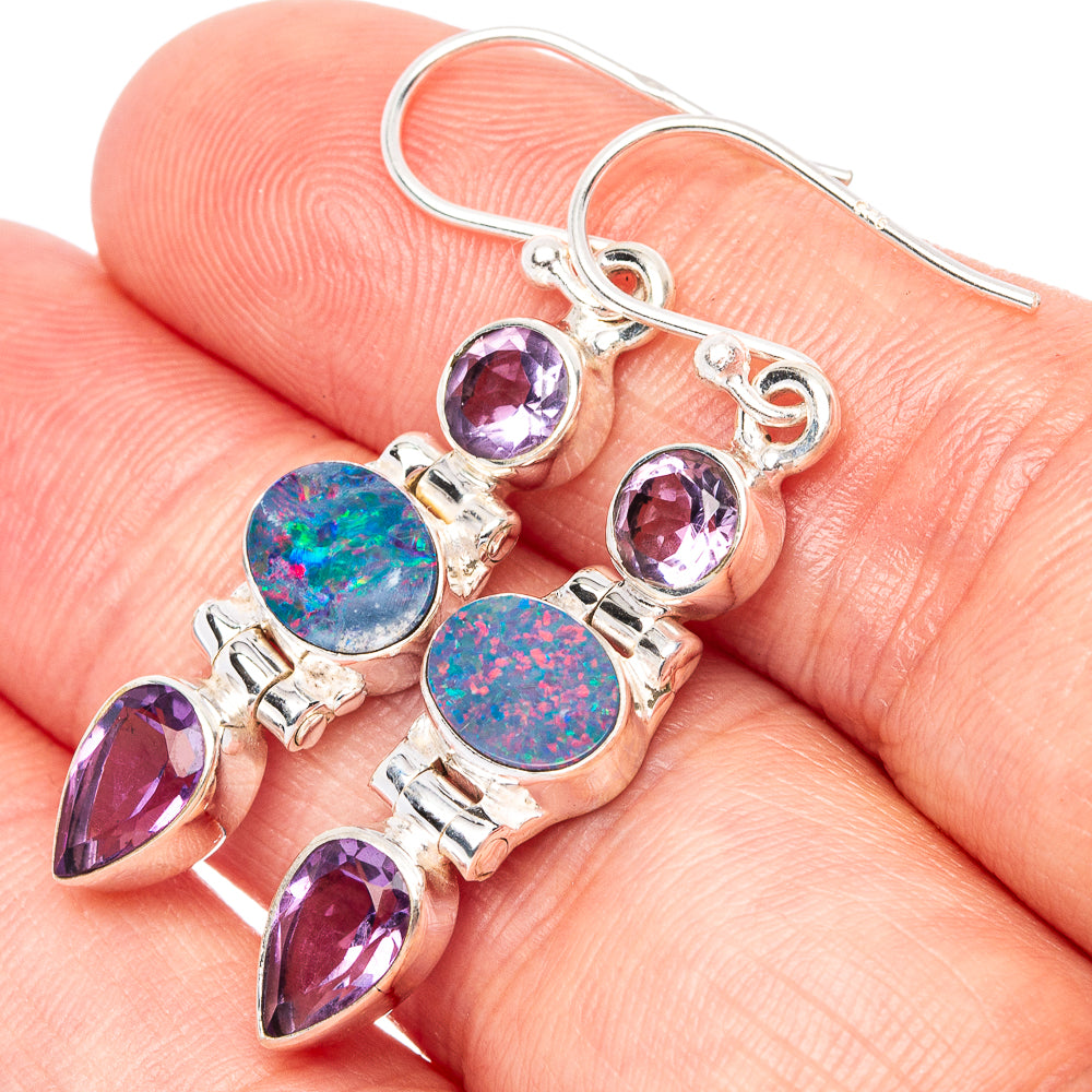 Rare Doublet Opal, Amethyst Earrings 1 5/8" (925 Sterling Silver) E1575